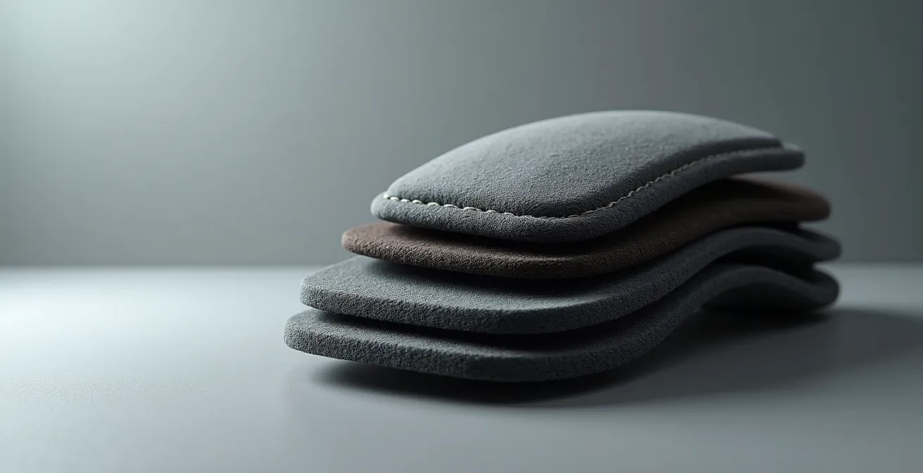 Détail extrême d'une genouillère de protection montrant les différentes couches de matériaux