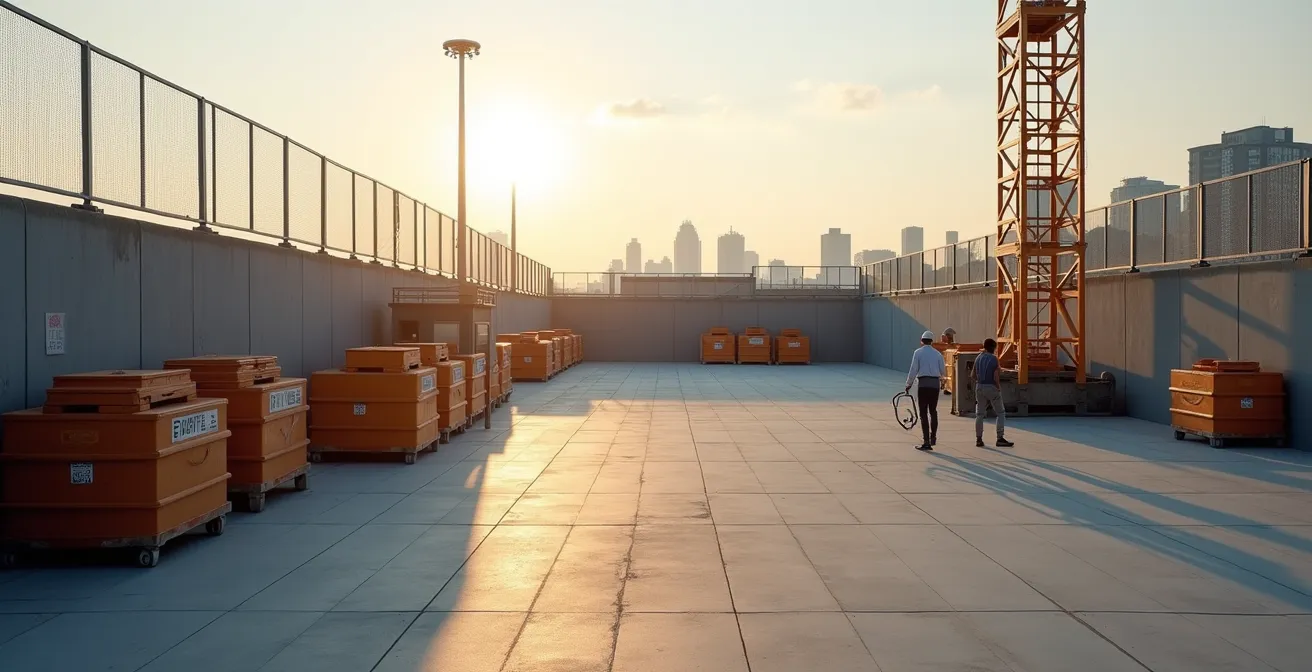 Vue large d'un chantier avec espaces de travail organisés et équipements de sécurité