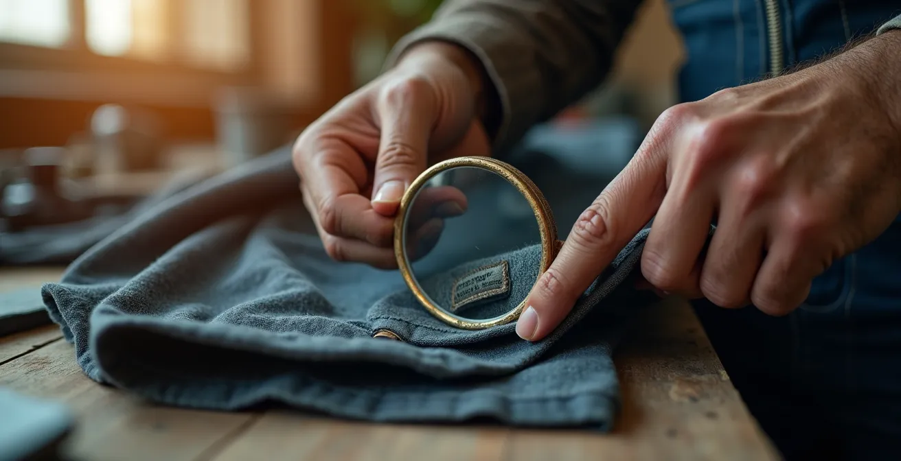 Main tenant une loupe au-dessus d'une étiquette de certification sur un pantalon de travail